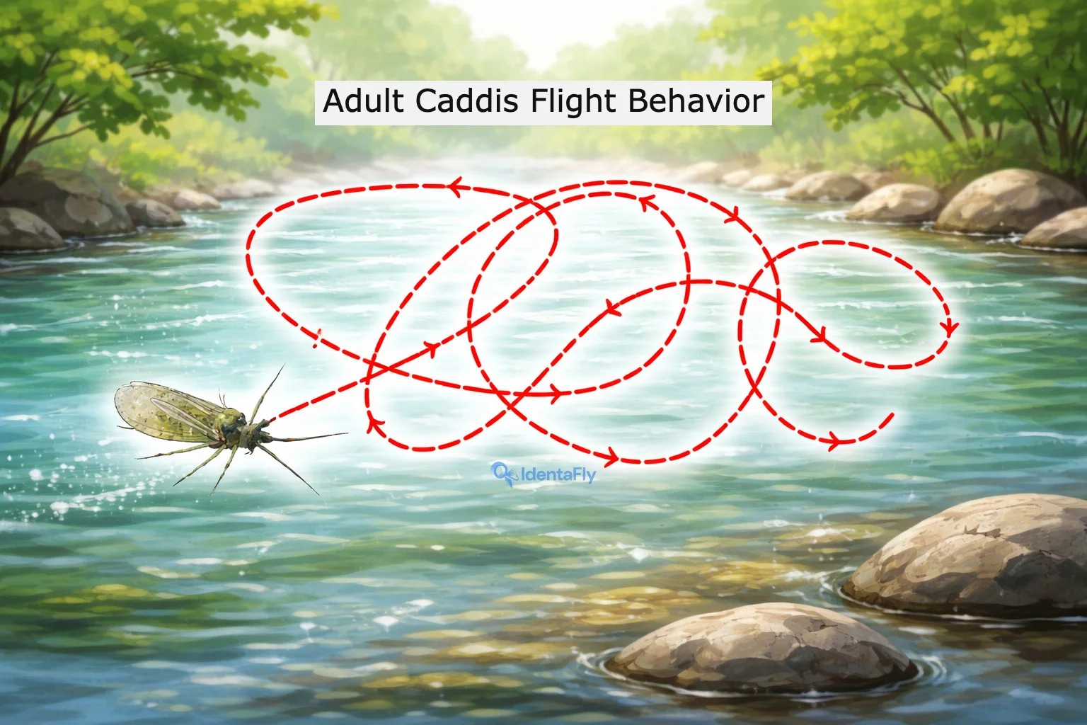 Diagram: caddisfly adult flight path—erratic circular motion