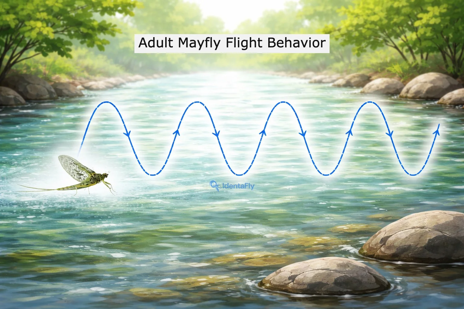 Diagram: mayfly adult flight path—up-and-down along a forward line
