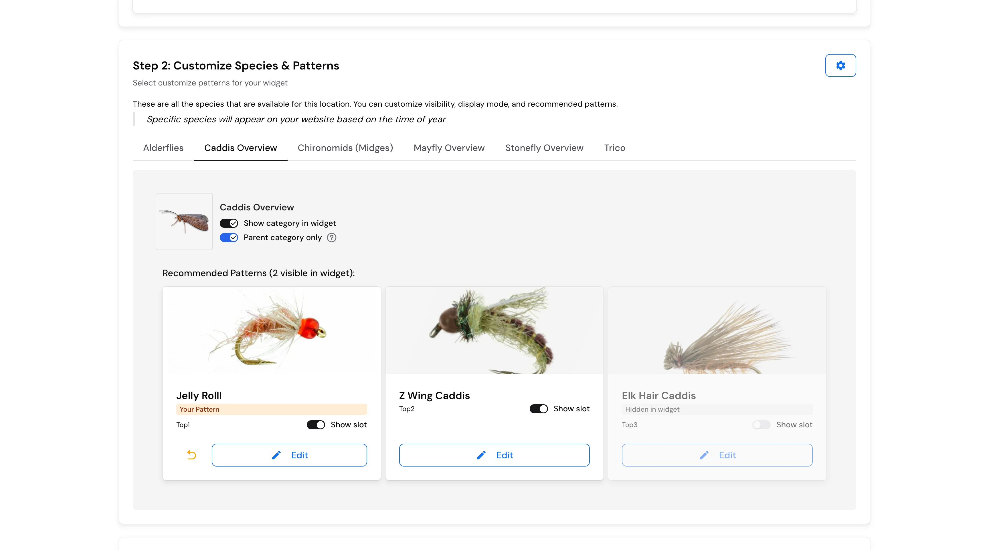 Hatch Widget Plus customization options for fly patterns and store links