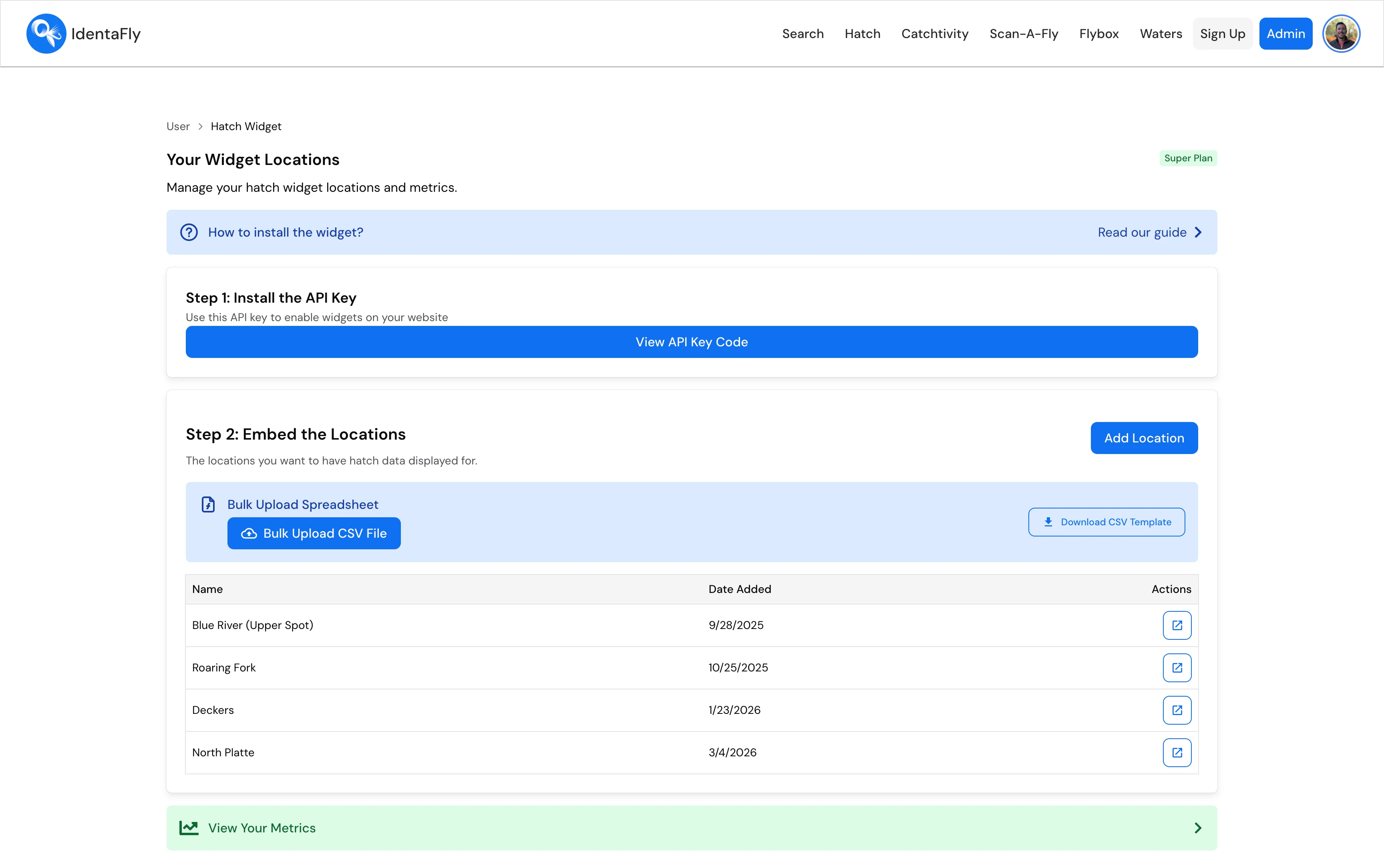 IdentaFly Hatch Widget dashboard with locations and API key settings
