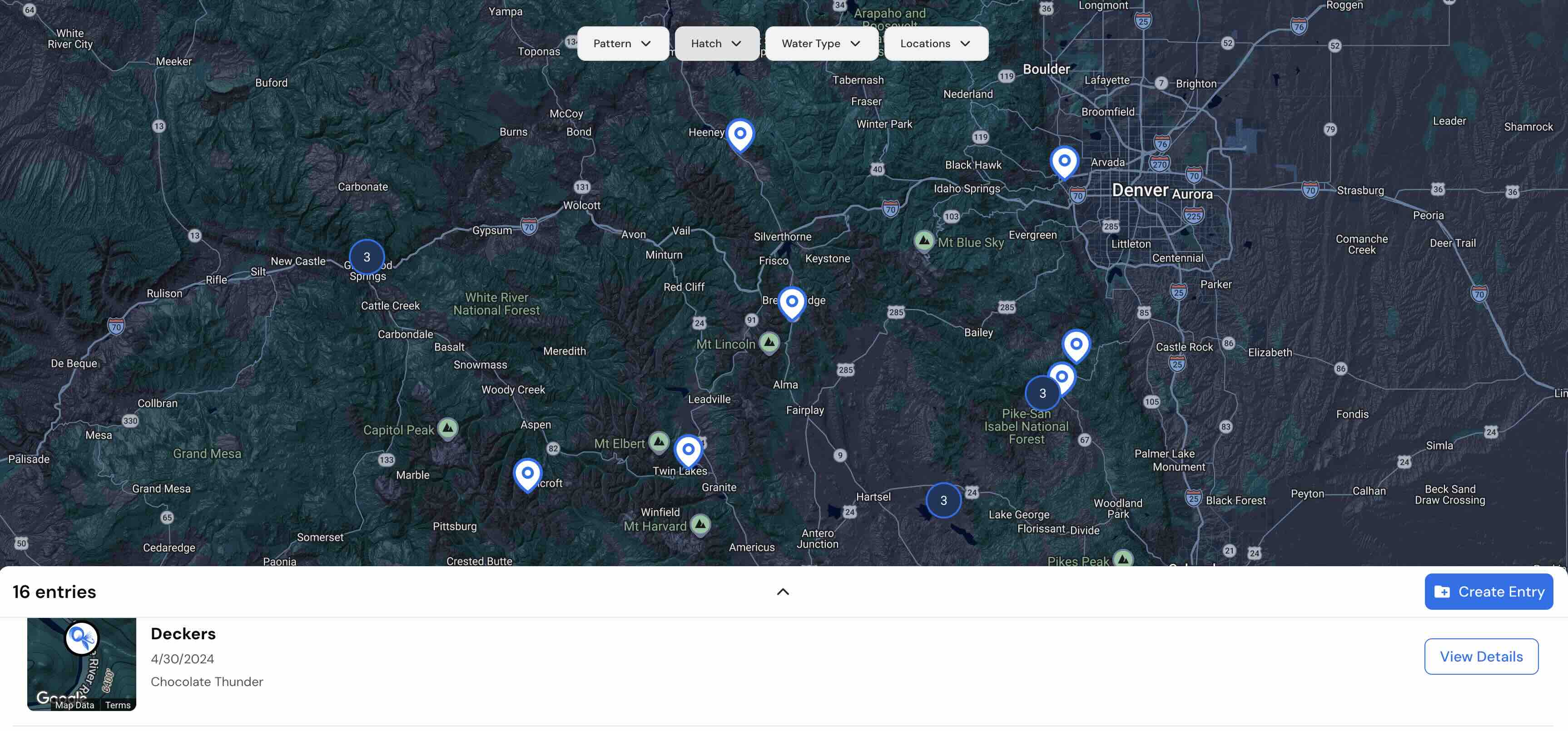 Fly fishing journal map view showing GPS-pinned catch locations
